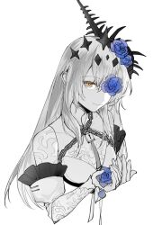Rule 34 | blue flower, blue rose, chain, conch, flower, flower over eye, greyscale, hair between eyes, hair flower, hair ornament, holding, holding flower, lock, long hair, looking at viewer, lucia: crimson abyss (apocalyptic cyan) (punishing: gray raven), monochrome, orange eyes, padlock, punishing: gray raven, rose, shell hair ornament, spot color, violessastvira, white background