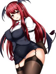 Rule 34 | 1girl, arms behind back, bat wings, black skirt, black thighhighs, black vest, blush, breasts, collared shirt, condom, curvy, demon girl, fang, garter belt, garter straps, head wings, highres, holding, isshin (sasayamakids), koakuma, large breasts, long hair, long sleeves, looking at viewer, miniskirt, necktie, open mouth, panties, pantyshot, pointy ears, puffy sleeves, red eyes, red hair, red necktie, shirt, simple background, skirt, smile, solo, tail, thighhighs, thighs, touhou, underwear, vest, white background, white shirt, wide hips, wings