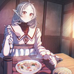 Rule 34 | 1girl, bowl, closed mouth, dress, elf, food, highres, holding, holding spoon, indoors, kiyo (a sam ko), looking at viewer, medium hair, mushoku tensei, pointy ears, red eyes, smile, solo, soup, spoon, sylphiette (mushoku tensei), white dress, white hair