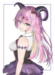 Rule 34 | 1girl, absurdres, asymmetrical horns, blonde hair, bow, breasts, chest harness, colored inner hair, curled horns, demon girl, demon horns, green eyes, harness, highres, hololive, horn bow, horn ornament, horns, inorii, mano aloe, medium breasts, multicolored hair, pink hair, pointy ears, smile, solo, two-tone hair, uneven horns, virtual youtuber