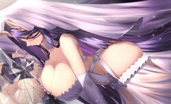 Rule 34 | 1girl, absurdres, antlers, ass, asymmetrical horns, azur lane, bare shoulders, between buttocks, breasts, crack, cracked glass, different reflection, dress, eiryu33, elbow gloves, gloves, golden hind (azur lane), golden hind (forlorn femme fatale) (azur lane), hair between ass, hair over one eye, highres, holding, horns, huge breasts, large breasts, long hair, mole, mole under mouth, official alternate costume, purple eyes, purple hair, reflection, reindeer antlers, tentacles