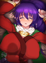 Rule 34 | absurdres, arc the lad, bed, blush, breasts, earrings, closed eyes, highres, japanese clothes, jewelry, kukuru (arc the lad), large breasts, long hair, long sleeves, lying, meldes, necklace, open mouth, ponytail, purple hair, sash, scarf, shadow, bed sheet, sleeping, wide sleeves