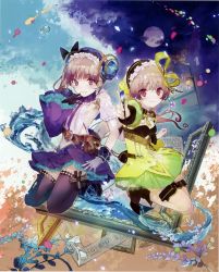 Rule 34 | 2girls, absurdres, atelier (series), atelier lydie &amp; suelle, blush, boots, bow, bowtie, breasts, brush, cleavage, gloves, hairband, highres, ink, long hair, looking at viewer, lydie marlen, multiple girls, noco (adamas), official art, open mouth, paintbrush, pink eyes, pink hair, ponytail, scan, short hair, siblings, side ponytail, sisters, sitting, skirt, small breasts, smile, suelle marlen, thighhighs, twins, yellow bow, yuugen