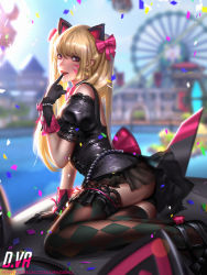 Rule 34 | 1girl, alternate hair color, alternate hairstyle, animal ears, black cat d.va, black dress, black panties, blonde hair, cat ears, commentary, confetti, d.va (overwatch), dress, facial mark, fake animal ears, liang xing, looking at viewer, official alternate costume, overwatch, overwatch 1, panties, pantyshot, smile, solo, twintails, underwear, whisker markings