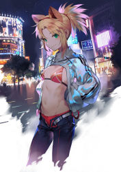 Rule 34 | 1girl, animal ears, baggy clothes, belt, blonde hair, blush, bra, breasts, cat ears, city, city lights, coat, commentary request, fate/grand order, fate (series), green eyes, groin, hair tie, hands in pockets, highres, intersection, lamppost, long hair, looking at viewer, mordred (fate), mordred (fate/apocrypha), navel, night, open belt, open clothes, open coat, open fly, outdoors, panties, pants, parted bangs, pink hair, ponytail, red bra, red panties, salmon88, screen, sidelocks, sky, small breasts, smile, solo, star (sky), starry sky, stomach, traffic light, unbuckled, unbuttoned pants, underwear, unzipped