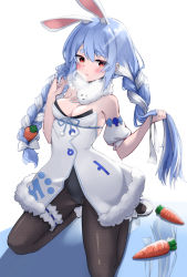 Rule 34 | 1girl, absurdres, animal ear fluff, animal ears, black leotard, black pantyhose, blue hair, blush, bow, bowtie, breasts, breath, bridal garter, carrot, carrot hair ornament, cleavage, commentary request, food-themed hair ornament, full body, fur collar, hair ornament, highres, holding, hololive, kneeling, leotard, leotard under clothes, looking at viewer, md5 mismatch, medium breasts, multicolored hair, open mouth, otakummm, pantyhose, playboy bunny, pom pom (clothes), puffy short sleeves, puffy sleeves, rabbit ears, rabbit girl, red eyes, reflection, resolution mismatch, shiny clothes, short sleeves, simple background, solo, source smaller, strapless, sweat, sweatdrop, thigh strap, twintails, two-tone hair, usada pekora, usada pekora (1st costume), virtual youtuber, white footwear, white hair