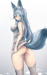 Rule 34 | 1girl, animal ears, ass, bad id, bad tumblr id, bee (deadflow), blue hair, blush, breasts, d:, dress, fox ears, fox tail, gradient background, grey sweater, grey thighhighs, hair between eyes, highres, long hair, looking at viewer, looking back, medium breasts, nose blush, open mouth, original, purple eyes, ribbed sweater, saliva, sleeveless, solo, sweater, sweater dress, tail, tears, thighhighs, thighs, tsurime