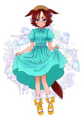 Rule 34 | 1girl, absurdres, animal ears, aqua dress, bamboo memory (umamusume), belt, blue eyes, blush, breasts, brown hair, brown hat, collared dress, dress, ears down, hair between eyes, hat, high heels, highres, horse ears, horse girl, horse tail, inaho soji, looking at viewer, multicolored hair, official alternate costume, parted lips, puffy short sleeves, puffy sleeves, raised eyebrows, short hair, short sleeves, skirt hold, small breasts, socks, solo, standing, streaked hair, tail, umamusume, white socks, yellow footwear