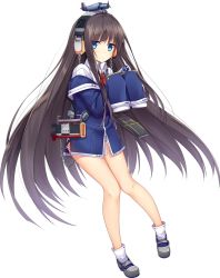Rule 34 | 1girl, aircraft, azur lane, bare legs, black hair, blue eyes, chain, flight deck, full body, haluka (aixioo), headphones, long hair, long island (azur lane), long sleeves, looking at viewer, machinery, necktie, no pants, object on head, official art, shoes, sleeves past fingers, sleeves past wrists, smile, solo, tachi-e, transparent background, very long hair