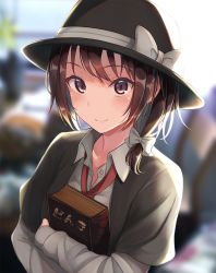 Rule 34 | 1girl, blurry, book, bow, brown eyes, brown hair, capelet, collared shirt, depth of field, fedora, fumei (mugendai), hair bow, hat, hat bow, highres, holding, holding book, necktie, red necktie, shirt, short hair, smile, solo, touhou, usami renko, white bow, white shirt