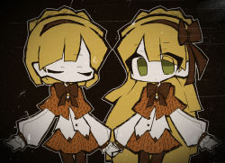 Rule 34 | 1boy, 1girl, blonde hair, brown hairband, brown pantyhose, brown ribbon, capelet, closed eyes, closed mouth, commentary, deformed, eyes visible through hair, green eyes, hairband, lobotomy corporation, long hair, long sleeves, look-alike, matching outfits, neck ribbon, orange capelet, orange skirt, pantyhose, pleated skirt, project moon, ribbon, shirt, short hair, skirt, suzua0421, tiphereth a (project moon), tiphereth b (project moon), white shirt