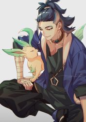 Rule 34 | 1boy, adaman (pokemon), arm wrap, black footwear, blue coat, brown eyes, closed mouth, coat, collar, collarbone, commentary request, creatures (company), earrings, eyebrow cut, game freak, gen 4 pokemon, grey background, half-closed eyes, highres, jewelry, leafeon, male focus, moge-hera, multicolored hair, nintendo, open clothes, open coat, pokemon, pokemon (creature), pokemon legends: arceus, shoes, signature, sitting, smile