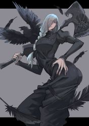 Rule 34 | 10den, 1girl, animal, ass, axe, bird, black dress, black feathers, commission, covered erect nipples, crow, dress, feathers, fingernails, grey background, grey eyes, grey hair, hair over one eye, half-closed eyes, highres, holding, holding axe, holding weapon, long hair, making-of available, nail polish, original, over shoulder, parted lips, pink nails, puffy sleeves, simple background, skeb commission, smile, textless version, turtleneck, weapon, weapon over shoulder