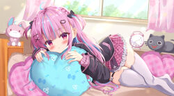 Rule 34 | 1girl, absurdres, alarm clock, animal ear legwear, bedroom, blue hair, blush, bow, braid, cat ear legwear, cat hair ornament, clock, curtains, frilled skirt, frills, hair bow, hair ornament, hairclip, heart, heart-shaped pillow, highres, hololive, indoors, jacket, kanti15, light rays, long hair, long sleeves, looking at viewer, lying, minato aqua, minato aqua (school uniform), miniskirt, multicolored hair, nail polish, no shoes, on bed, on side, parted lips, pillow, pink eyes, pink hair, pleated skirt, skirt, solo, streaked hair, stuffed animal, stuffed cat, stuffed rabbit, stuffed toy, sunlight, thighhighs, two-tone hair, two side up, very long hair, virtual youtuber, window, x hair ornament