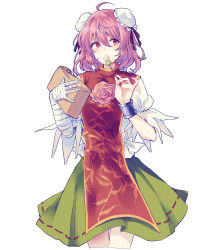 Rule 34 | 1girl, bandages, breasts, brown ribbon, closed mouth, dango, double bun, eating, flower, food, green skirt, hair between eyes, hair bun, hands up, highres, ibaraki kasen, leaf, looking to the side, medium breasts, package, pink flower, pink hair, puffy short sleeves, puffy sleeves, red eyes, red vest, ribbon, shirt, short hair, short sleeves, simple background, skirt, solo, standing, tabard, touhou, uranaishi (miraura), vest, wagashi, white background, white shirt, white sleeves