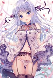 Rule 34 | 1girl, :d, babydoll, bare arms, bare shoulders, black thighhighs, blush, breasts, buttons, cameltoe, cowboy shot, crotch seam, floral print, frills, garter belt, gloves, gluteal fold, groin, hair ribbon, half updo, head tilt, highres, hiiragi asuka (twinbox), large breasts, leg up, long hair, looking at viewer, mole, mole under eye, multi-strapped panties, navel, open mouth, original, panties, panties over garter belt, petals, purple eyes, revealing clothes, ribbon, shoes, sidelocks, silver hair, smile, solo, sousouman, stomach, thighhighs, thighs, underwear, white babydoll, white gloves, white panties