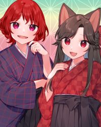 Rule 34 | 2girls, akagashi hagane, alternate costume, alternate eye color, animal ears, blush, brown hair, commentary request, commission, fang, green background, hand up, hands up, horikawa raiko, imaizumi kagerou, japanese clothes, kimono, long hair, long sleeves, looking at viewer, multiple girls, open mouth, pink background, pink eyes, red eyes, red hair, short hair, skeb commission, smile, standing, tongue, touhou, wide sleeves, wolf ears, yellow background