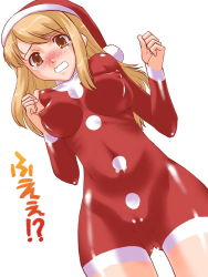 Rule 34 | 00s, 1girl, asahina mikuru, blonde hair, blush, bodypaint, breasts, christmas, cleft of venus, cowboy shot, dutch angle, embarrassed, false clothes, from below, gluteal fold, hat, large breasts, long hair, looking at viewer, naked paint, nipples, nude, orange eyes, painted clothes, pussy, santa costume, santa hat, shinama, simple background, solo, suzumiya haruhi no yuuutsu, tears, uncensored, wavy mouth, white background
