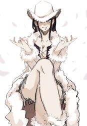 Rule 34 | 1girl, black hair, coat, commentary, cowboy hat, cross-laced clothes, cross-laced top, crossed arms, crossed legs, fur-trimmed coat, fur trim, hat, highres, long hair, looking at viewer, nico robin, one piece, petals, ri fanart, sidelocks, sitting, smile, solo, white coat, white hat