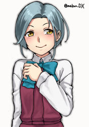 Rule 34 | 1girl, aqua bow, aqua bowtie, blue bow, blue bowtie, bow, bowtie, dress, forehead, grey hair, halterneck, kantai collection, looking at viewer, maakun (makun dx), one-hour drawing challenge, pleated dress, school uniform, shirt, short hair, simple background, solo, swept bangs, tamanami (kancolle), twitter username, upper body, white background, white shirt, yellow eyes