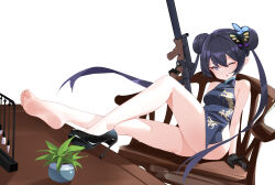 Rule 34 | 1girl, absurdres, arm support, bare arms, bare legs, bare shoulders, barefoot, black dress, black footwear, black gloves, black hair, blue archive, bob (artist), bob (pixiv49522586), butterfly hair ornament, chair, china dress, chinese clothes, cs/ls06, double bun, dress, feet, full body, gloves, gun, hair between eyes, hair bun, hair ornament, high heels, highres, holding, holding gun, holding weapon, kisaki (blue archive), legs, long hair, looking at viewer, one eye closed, plant, potted plant, shoes, sidelocks, simple background, single shoe, sitting, sleeveless, soles, solo, table, thighs, toes, tongue, tongue out, twintails, unworn shoes, weapon, white background, wink