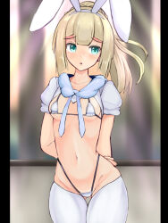 Rule 34 | 1girl, adapted costume, animal ears, arms behind back, bikini, blonde hair, blunt bangs, breasts, creatures (company), embarrassed, game freak, green eyes, highres, holding own arm, lillie (pokemon), long hair, looking to the side, medium breasts, micro bikini, navel, nintendo, open mouth, panda sasasa, pokemon, pokemon sm, ponytail, rabbit ears, skindentation, solo, swimsuit, thighhighs, white bikini, white thighhighs