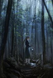 Rule 34 | 1girl, artist name, blonde hair, braid, character request, check character, check copyright, copyright request, dated, dress, forest, full body, highres, hioki yoshiko, holding, lantern, long hair, looking at viewer, nature, original, outdoors, plant, shoes, single braid, solo, standing, tree, wide shot, yellow eyes