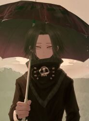 Rule 34 | 1boy, absurdres, aota uno, commentary request, feitan portor, green hair, highres, holding, holding umbrella, hunter x hunter, long sleeves, looking at viewer, male focus, outdoors, short hair, solo, umbrella, yellow eyes