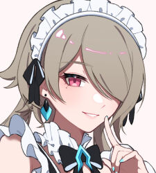 Rule 34 | black bow, blue nails, blush, bow, brown hair, commentary, earrings, hair over one eye, hand up, honkai (series), honkai impact 3rd, jewelry, looking at viewer, maid headdress, mole, mole under eye, nail polish, pink background, red eyes, rita rossweisse, simple background, smile, upper body, yunomi (yunomi hs)