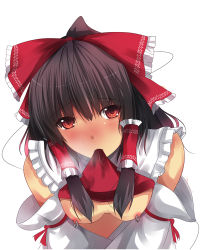 Rule 34 | 1girl, blush, bow, breasts, breasts out, brown hair, daiaru, detached sleeves, face, female focus, hair bow, hakurei reimu, mouth hold, nipple piercing, nipples, piercing, red eyes, saliva, simple background, solo, touhou, white background