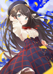Rule 34 | 1girl, absurdres, beret, black hair, black hat, black skirt, blouse, blue eyes, blue sky, blush, bow, breasts, center frills, closed mouth, cloud, cloudy sky, commentary request, day, frilled shirt, frilled skirt, frills, furuki ayaginutaira, hair ribbon, hand up, hat, highres, hololive, long hair, long sleeves, looking at viewer, medium breasts, oozora subaru, oozora subaru (casual), outdoors, petals, puffy long sleeves, puffy sleeves, red bow, ribbon, shirt, skirt, sky, smile, solo, very long hair, virtual youtuber, white ribbon, white shirt