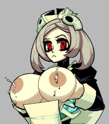 Rule 34 | apron, bloody marie (skullgirls), bone, breast lift, breasts, fire, gerard burn, grey background, hair ornament, highres, lactation, large breasts, maid, maid apron, maid headdress, nipples, pale skin, red eyes, silver hair, skull-shaped pupils, skull hair ornament, skullgirls, skulls, solo, symbol-shaped pupils, twintails