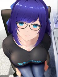 Rule 34 | 1girl, a-chan (1st costume) (hololive), a-chan (hololive), absurdres, alternate breast size, black-framed eyewear, black shirt, blue bow, blue eyes, blue hair, blue pants, blush, bow, breasts, chair, cleavage, closed mouth, cohi27151463, commentary, computer, cowboy shot, denim, desk, from above, glasses, hair bow, highres, hololive, jeans, laptop, looking at viewer, medium breasts, office chair, pants, shirt, short hair, sitting, smile, solo, swept bangs, swivel chair, t-shirt, virtual youtuber