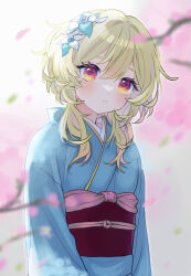 Rule 34 | 1girl, alternate costume, blonde hair, cherry blossoms, commentary request, flower, genshin impact, hair flower, hair ornament, highres, hirarinoie, japanese clothes, kimono, long hair, looking at viewer, lumine (genshin impact), multicolored eyes, orange eyes, sidelocks, solo, yellow eyes