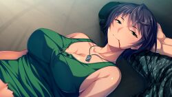Rule 34 | 1girl, aotonbo, bare shoulders, black hair, bleeding, blood, blush, breasts, cleavage, closed mouth, dog tags, from above, game cg, green eyes, kishida eila, kneeling, large breasts, looking at viewer, lying, lying on lap, original, shokusai no shima: island of the dead, short hair, simple background, smile, upper body