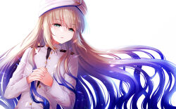 Rule 34 | 1boy, anchor symbol, backlighting, black shirt, blue hair, blush, brown hair, captain nemo (fate), commentary request, fate/grand order, fate (series), floating hair, gradient hair, green eyes, hair between eyes, hair down, half-closed eyes, hands up, hat feather, highres, interlocked fingers, light particles, long hair, long sleeves, looking at viewer, male focus, military, military uniform, multicolored hair, naval uniform, nemo (fate), own hands together, parted lips, partially unbuttoned, shell ocean, shirt, sidelocks, solo, turban, uniform, very long hair, wet, white background, white headwear