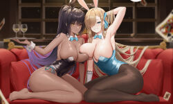 Rule 34 | 2girls, absurdres, animal ears, arm behind head, asuna (blue archive), asuna (bunny) (blue archive), asymmetrical docking, bare legs, bare shoulders, barefoot, black hair, black leotard, blue archive, blue eyes, blue leotard, breast press, breasts, brown eyes, brown pantyhose, collarbone, commentary, couch, dark-skinned female, dark skin, deep skin, detached collar, fake animal ears, feet, full body, grin, hair over one eye, highres, holding, holding tray, indoors, karin (blue archive), karin (bunny) (blue archive), large breasts, legs, leotard, light brown hair, long hair, looking at viewer, multicolored hair, multiple girls, night, no shoes, official alternate costume, on couch, pantyhose, playboy bunny, purple hair, ribs, samart, sideboob, smile, symbol-only commentary, toes, tray, two-tone hair, very long hair, wrist cuffs