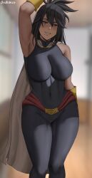 Rule 34 | 1girl, absurdres, arm at side, arm up, bare shoulders, black bodysuit, black hair, bodysuit, boku no hero academia, breasts, cape, covered navel, gloves, grey eyes, highres, impossible bodysuit, impossible clothes, large breasts, legs together, looking at viewer, mole, mole under mouth, oroborus, shimura nana, sleeveless, solo, standing, white cape, yellow gloves