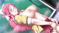 Rule 34 | 1girl, breasts, game cg, glasses, hair ribbon, highres, kusukawa suzune, large breasts, legs, long hair, looking away, navel, nipples, no bra, open clothes, open shirt, p/a: potential ability, panties, pantyshot, pink eyes, pink hair, ribbon, school uniform, seductive smile, sei shoujo, shirt, skirt, smile, solo, standing, steam, thighs, underwear, upskirt