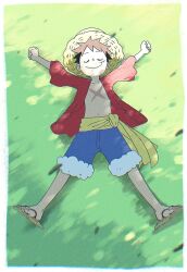 Rule 34 | 1boy, ^ ^, arms up, black hair, blue shorts, closed eyes, closed mouth, commentary, frilled sleeves, frills, full body, hat, highres, lying, male focus, monkey d. luffy, on grass, one piece, open clothes, open shirt, red shirt, sandals, sash, scar, scar on chest, scar on face, shirt, short hair, shorts, smile, solo, straw hat, symbol-only commentary, tanaka (tanakya123), yellow sash