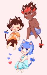 Rule 34 | 1girl, 2boys, ;d, animal ears, ash ketchum, bare arms, barefoot, blue eyes, blue hair, blush, bright pupils, brown eyes, brown hair, brown pants, capri pants, catsubun (kkst0904), clenched hands, closed mouth, commentary, creatures (company), dark-skinned male, dark skin, eyelashes, fang, game freak, kiawe (pokemon), lana (pokemon), multicolored hair, multiple boys, nintendo, one eye closed, open mouth, orange shirt, own hands together, pants, pokemon, pokemon (anime), pokemon sm (anime), shirt, short hair, short sleeves, shorts, smile, t-shirt, tail, tongue, topless male, undercut, white pupils