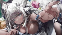Rule 34 | 1girl, absurdres, animal ears, bare shoulders, bell, blue nails, blush, breasts, cleavage, commission, flower, fox ears, fox girl, gaku, grey eyes, grey hair, hair flower, hair intakes, hair ornament, highres, jingle bell, lying, medium breasts, mole, mole under eye, nail polish, on stomach, original, parted lips, reaching, reaching towards viewer, skeb commission, solo, virtual youtuber