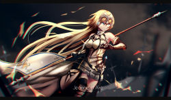 Rule 34 | 1girl, armor, artist name, banner, blonde hair, blue eyes, breasts, chain, character name, fate/apocrypha, fate/grand order, fate (series), gar32, hair between eyes, headphones, highres, jeanne d&#039;arc (fate), jeanne d&#039;arc (ruler) (fate), jeanne d&#039;arc (third ascension) (fate), large breasts, letterboxed, long hair, solo, standard bearer, sword, weapon