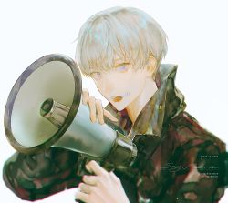 Rule 34 | 1boy, artist name, black jacket, blurry, chromatic aberration, collared jacket, commentary, eyebrows hidden by hair, hair between eyes, hands up, high collar, holding, holding megaphone, instagram username, jacket, looking at viewer, male focus, megaphone, open mouth, original, pixiv id, purple eyes, say hana, short hair, signature, silver hair, simple background, solo, teeth, tongue, upper body, white background