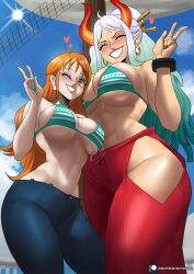 Rule 34 | 2girls, abs, absurdres, bikini, blue pants, breasts, closed eyes, cloud, cowboy shot, curvy, day, earrings, echo saber, eyelashes, facing viewer, female focus, fingernails, gradient hair, green hair, green nails, grin, heart, highres, hip vent, horns, huge breasts, jewelry, large breasts, lips, long fingernails, mast, multicolored hair, multiple girls, nail polish, nami (one piece), navel, one eye closed, one piece, orange eyes, orange hair, outdoors, pants, ponytail, red nails, red pants, ship, size difference, sky, smile, standing, sun, sweat, swimsuit, tall female, thick thighs, thighs, two-tone hair, v, veil, watercraft, white hair, wide hips, wink, yamato (one piece)