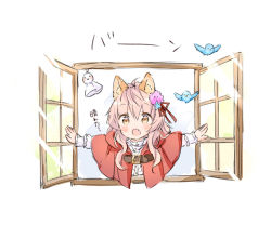Rule 34 | 1girl, :d, ahoge, animal, animal ear fluff, animal ears, bird, blue flower, bluebird, blush, brown eyes, capelet, center frills, commentary request, fang, flower, frills, hair flower, hair ornament, hair ribbon, hood, hood down, hooded capelet, long hair, long sleeves, open mouth, open window, original, outstretched arms, pink flower, pink hair, red capelet, red ribbon, ribbon, shirt, simple background, sleeves past wrists, smile, solo, spread arms, sunlight, teruterubouzu, translation request, upper body, wataame27, white background, white shirt, window, wolf-chan (wataame27), wolf ears