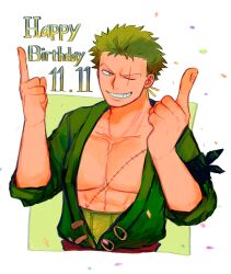 Rule 34 | 1boy, aoiaoba0316, cropped torso, dated, green hair, grin, happy birthday, highres, index finger raised, japanese clothes, kimono, male focus, one piece, open clothes, open kimono, pectoral cleavage, pectorals, roronoa zoro, scar, scar across eye, short hair, smile, solo