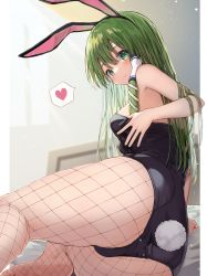 Rule 34 | 1girl, absurdres, alternate costume, animal ears, ass, ass focus, bare arms, bare shoulders, barefoot, bed, black leotard, blush, breasts, detached collar, fake animal ears, fake tail, feet, fishnet pantyhose, fishnets, foot out of frame, green eyes, green hair, hair tubes, heart, highres, indoors, kochiya sanae, leotard, long hair, looking at viewer, looking back, mamemochi, pantyhose, playboy bunny, rabbit ears, rabbit tail, smile, solo, speech bubble, spoken heart, strapless, strapless leotard, tail, thighs, touhou