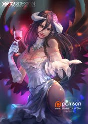 Rule 34 | 1girl, albedo (overlord), black feathers, black hair, black wings, breasts, cglas, cleavage, cup, demon girl, demon horns, demon wings, detached collar, dress, drinking glass, feathered wings, feathers, glass, gloves, hair between eyes, head tilt, hip focus, hip vent, horns, low wings, outstretched hand, overlord (maruyama), realistic, skeleton, slit pupils, solo, standing, thighs, white dress, white gloves, wine glass, wings, yellow eyes