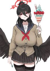 Rule 34 | 1girl, arm at side, bird wings, black choker, black hair, black thighhighs, black wings, blue archive, breasts, brown cardigan, buttons, cardigan, choker, closed mouth, eating, feathered wings, food, food on face, hair between eyes, halo, hand up, hasumi (blue archive), highres, holding, holding spoon, ice cream, large breasts, long sleeves, looking at viewer, low wings, mole, mole under eye, neckerchief, pleated skirt, ponytail, puffy cheeks, red eyes, red neckerchief, school uniform, skirt, solo, spoon, thighhighs, toothbrush, ushimochi, white background, wings, zettai ryouiki